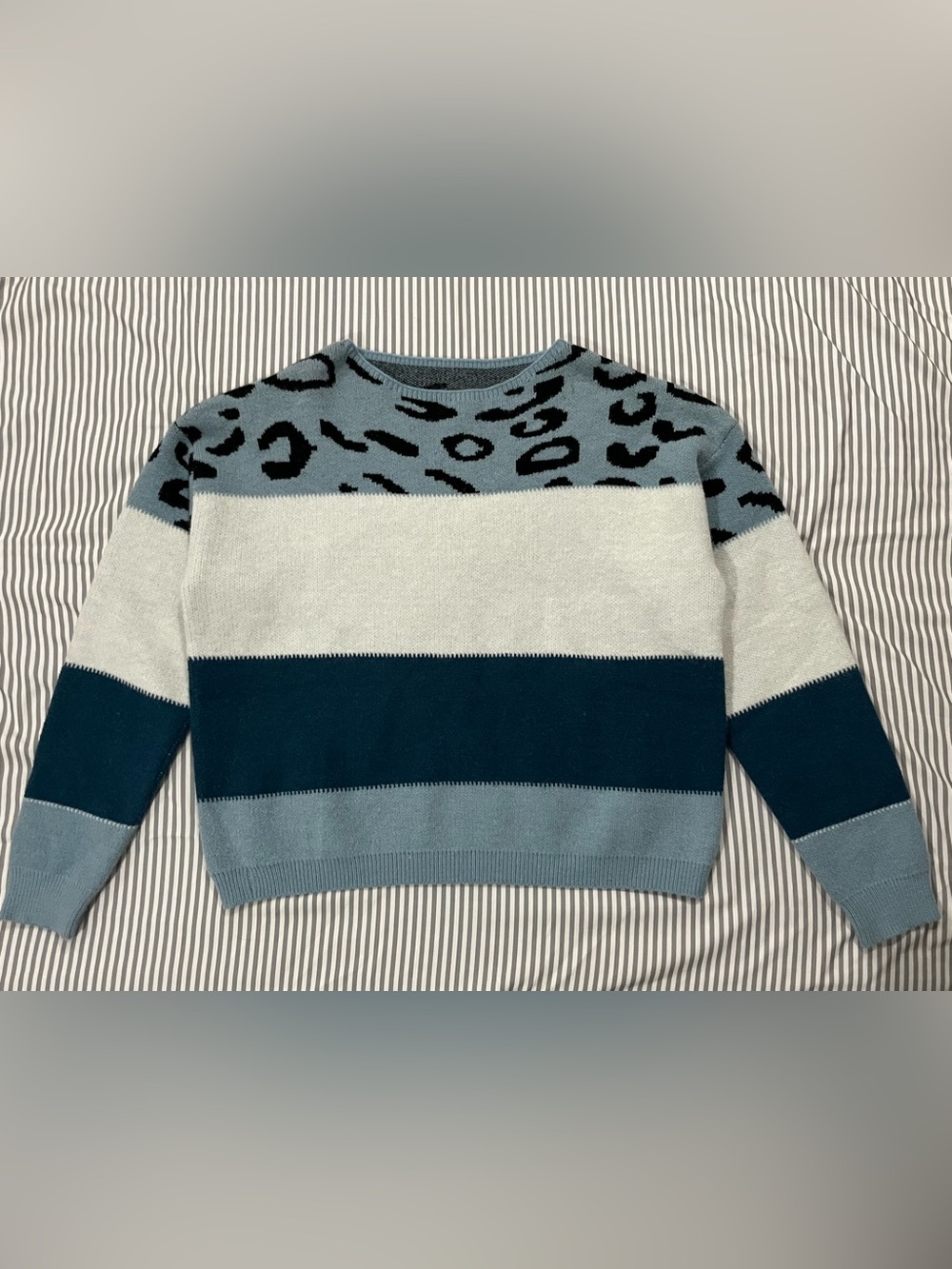 Blue Leopard-Accent Colorblock Womens Sweater